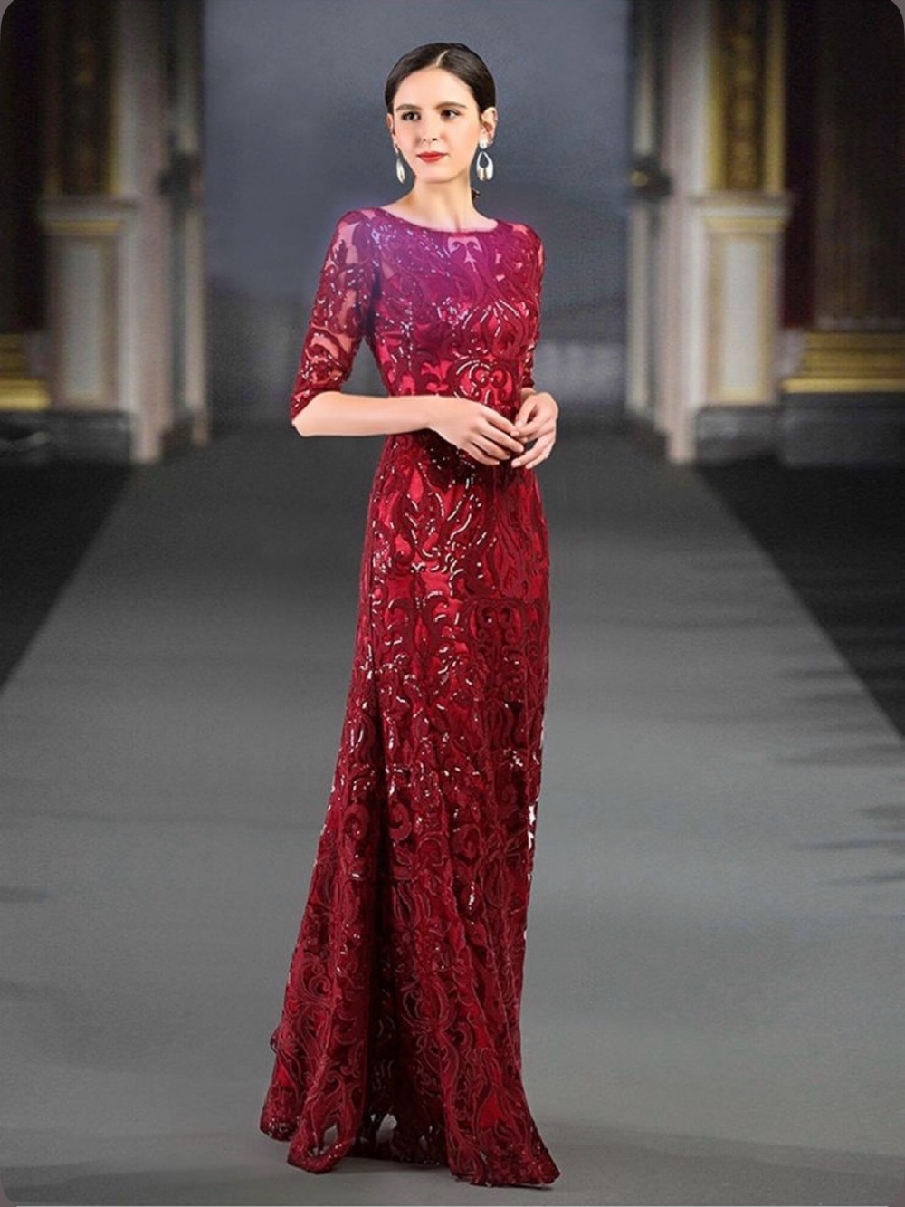 Tadashi Shoji Burgundy Embellished Lace Maxi Dress Size 12